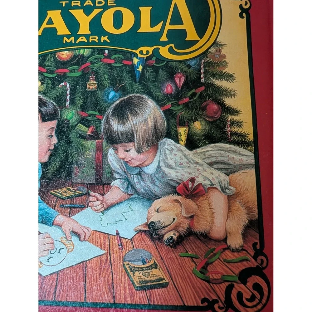 1992 Crayola Tin Box Christmas Scene Children‎ Dog Holiday Decor Collectible
